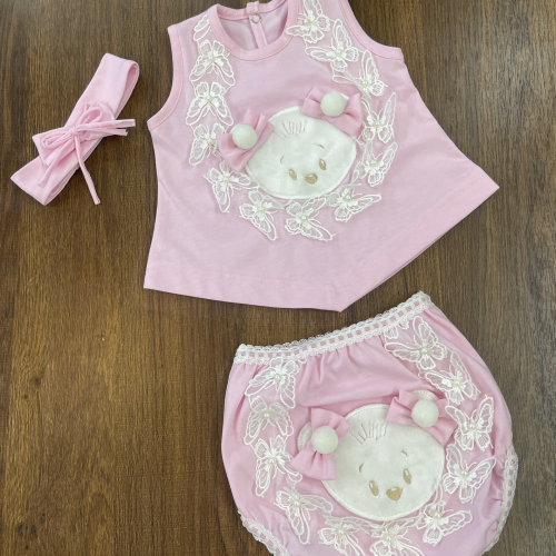 KIVIA-2032 PINK TEDDY BLOOMER SET (Top + Bloomers + Headband)